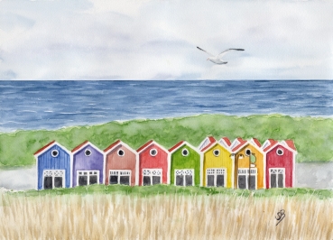 Poster DIN-A3  Aquarell Maritim Kunst Druck Kunstdruck Nordsee Insel Langeoog bunte Buden Meer Strand